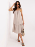 Beiges ausgestelltes Midi-Kleid mit Trägern und Volant