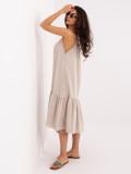 Beiges ausgestelltes Midi-Kleid mit Trägern und Volant