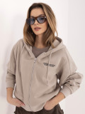Beige kurze Kapuzen-Sweatjacke mit Reißverschluss