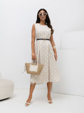 Beiges Midi-Kleid mit Punkten und Gürtel