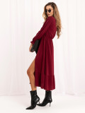 Bordeauxfarbenes Midi-Kleid mit Volant und V-Ausschnitt