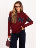 Bordeauxfarbener Pullover mit geometrischem Muster und Rundhalsausschnitt