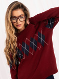 Bordeauxfarbener Pullover mit geometrischem Muster und Rundhalsausschnitt