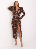 Braunes Midikleid mit Blumenmuster und Wickelausschnitt