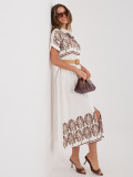 Weiß-braunes Hemdblusenkleid mit Stickerei und Gürtel, midi