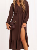 Braunes Midi-Kleid mit Volant und V-Ausschnitt