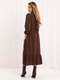 Braunes Midi-Kleid mit Volant und V-Ausschnitt