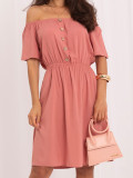 Rosa ausgestelltes Sommerkleid mit kurzen Ärmeln und Knöpfen