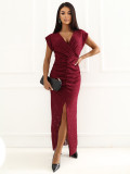 Bordeauxfarbenes Maxi-Kleid mit Spitze und Wickelausschnitt