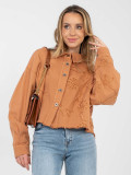 Kurze orangefarbene Jeansjacke mit Blumenapplikation