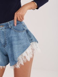 Kurze Damen-Jeansshorts mit Spitze, blau