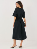 Schwarzes ausgestelltes Midi-Kleid mit Gürtel und Taschen