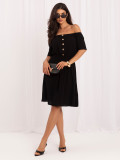 Schwarzes ausgestelltes Sommerkleid mit kurzen Ärmeln und Knöpfen