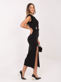 Schwarzes Midi-Kleid mit Rundhalsausschnitt und Raffungen