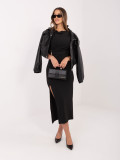 Schwarzes Midi-Kleid mit Rundhalsausschnitt und Raffungen