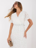 Ecru ausgestelltes Midi-Kleid mit Gürtel