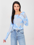 Elegante blaue Bluse mit Blumenapplikation und Stickerei