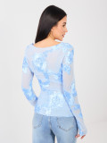 Elegante blaue Bluse mit Blumenapplikation und Stickerei