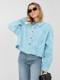 Kurze blaue Jeansjacke mit Blumenapplikation