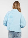 Kurze blaue Jeansjacke mit Blumenapplikation