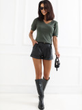 Khaki Pullover mit kurzem Ärmel und V-Ausschnitt