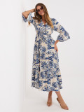 Blaues Midi-Kleid mit Print und Bindegürtel