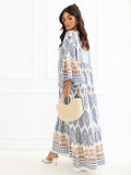 Blaues Maxi-Kleid mit Print und 3/4-Ärmeln
