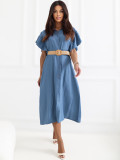Blaues ausgestelltes Midi-Kleid mit Gürtel und Volant