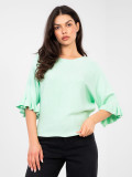 Eleganter mintfarbener Pullover mit 3/4-Ärmeln und Volant
