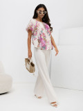 Rosa Bluse mit Blumenmuster und Puffärmeln