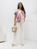 Rosa Bluse mit Blumenmuster und Puffärmeln