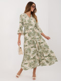 Grünes Midi-Kleid mit Print und Bindegürtel