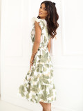 Grünes ausgestelltes Midi-Kleid mit Gürtel und Volant