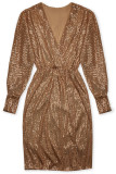 Pailletten Kleid mit V-Ausschnitt Mocca