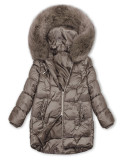 Winterjacke mit Fell, halbglänzend, Dunkelbeige