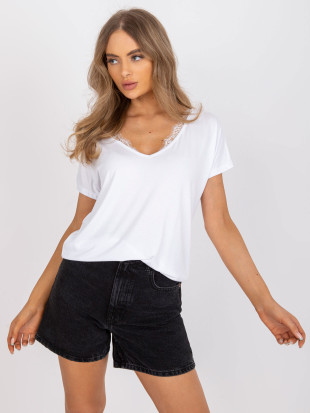 Weißes Damen T-Shirt mit V-Ausschnitt und Spitze