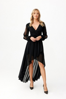Asymmetrisches schwarzes Maxi-Kleid mit langen Ärmeln