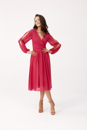 Ausgestelltes Kleid mit Wickelausschnitt und langen Ärmeln in Korallenrot