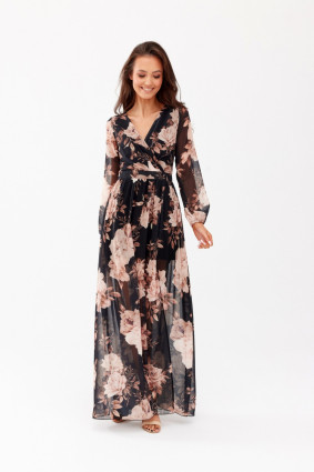 Langes gemustertes Kleid mit Rückenschnürung – Schwarz