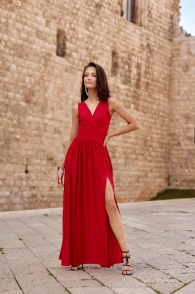Maxi-Brokatkleid mit Rückenschnürung in Rot