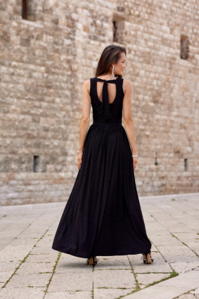 Maxi-Brokatkleid mit Rückenschnürung – Schwarz