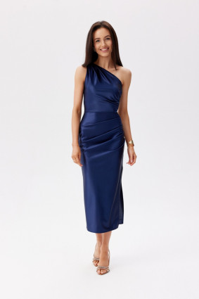Asymmetrisches dunkelblaues Midi-Kleid mit einem Schulterträger
