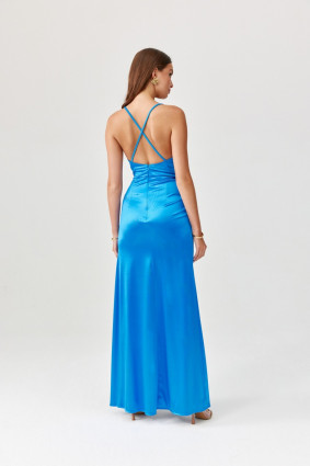 Langes Kleid mit offenem Rücken und Trägern, Satin, kornblumenblau