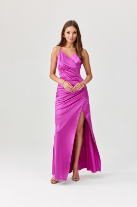 Langes Kleid mit offenem Rücken und Trägern, Satin, bischofslila