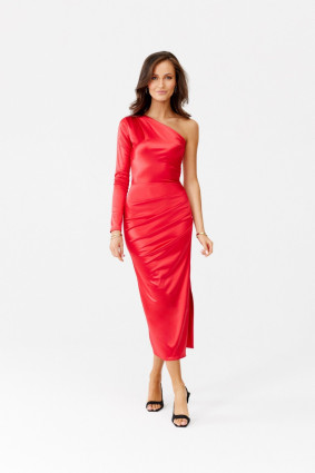 Satiniertes Midi-Kleid mit einem langen Ärmel in Rot