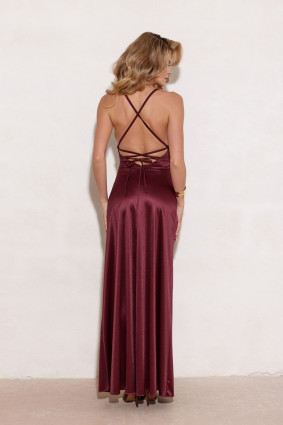 Satiniertes Maxi-Kleid mit Rückenschnürung in Bordeaux
