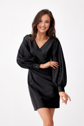Satiniertes Mini-Kleid mit langen Ärmeln, schwarz