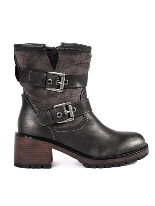 Dunkelbraune metallische Stiefeletten mit Absatz und Schnallen