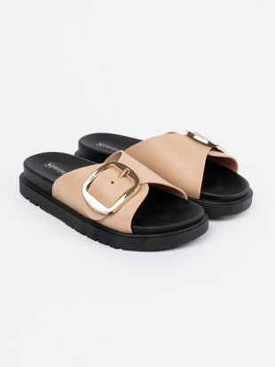 Beige Damen Sandalen mit goldener Schnalle