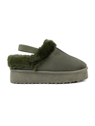 Dunkelgrüne Schneestiefel mit Fell